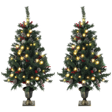 HOMCOM 4FT Pre-Lit Decorated Christmas Tree with Red Berries and Pine Cones Snow Flocked Christmas Tree with LED Lights Green