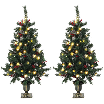HOMCOM 4FT Pre-Lit Decorated Christmas Tree with Red Berries and Pine Cones Snow Flocked Christmas Tree with LED Lights Green