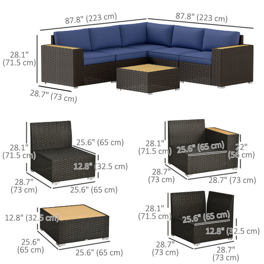 Outsunny 6 Pieces Outdoor Rattan Patio Furniture Set with Corner Sofa, Wood-Plastic Coffee Table, Navy Blue