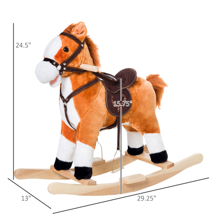 Qaba Kids Rocking Horse Child Plush Ride on Toy with Realistic Sound Red Brown