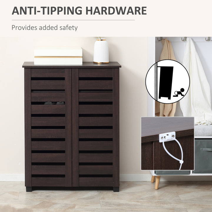 HOMCOM Narrow Shoe Cabinet with 2 Slatted Doors, Modern Shoe Storage Cabinet with Adjustable Shelves for Entryway, Hallway, Living Room, Holds 15 Pairs, Dark Brown