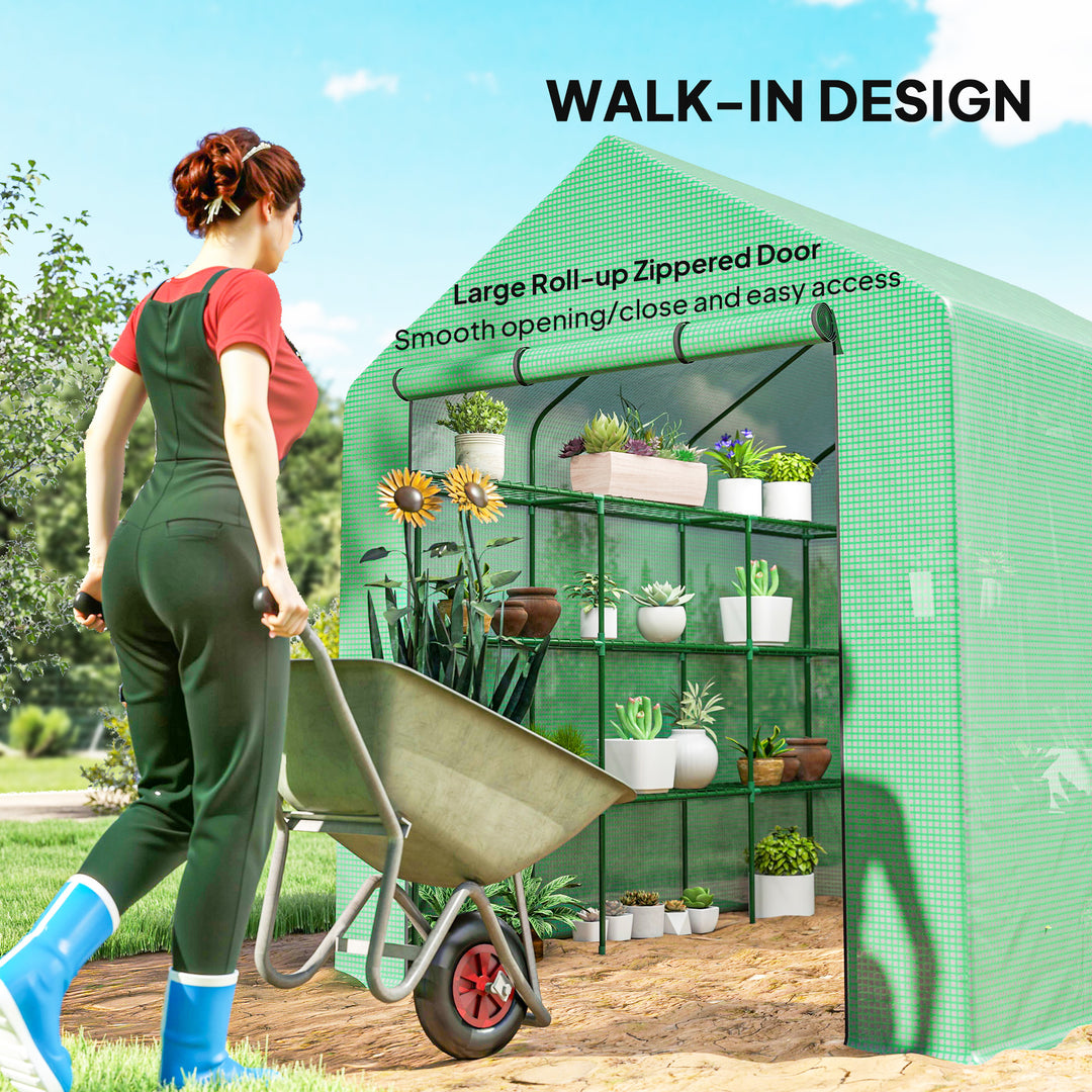 Outsunny 8' x 6' x 7' Portable Walk-In Greenhouse Hot House with 18 Shelves,  Water/UV Resistant Weather Cover, & Roll Up Door