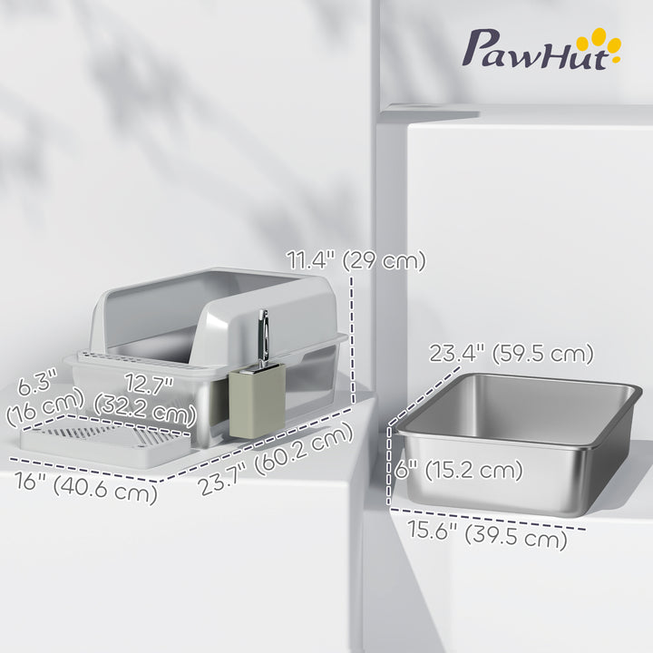 PawHut Stainless Steel Cat Litter Box High Sided with Metal Scoop & Holder, Non-Sticky, Easy to Clean, Anti-Urine Leakage