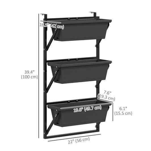 Outsunny 3-Tier Wall-Mounted Planter Box with 3 Pots, Vertical Planters for Outdoor Plants, Dark Grey