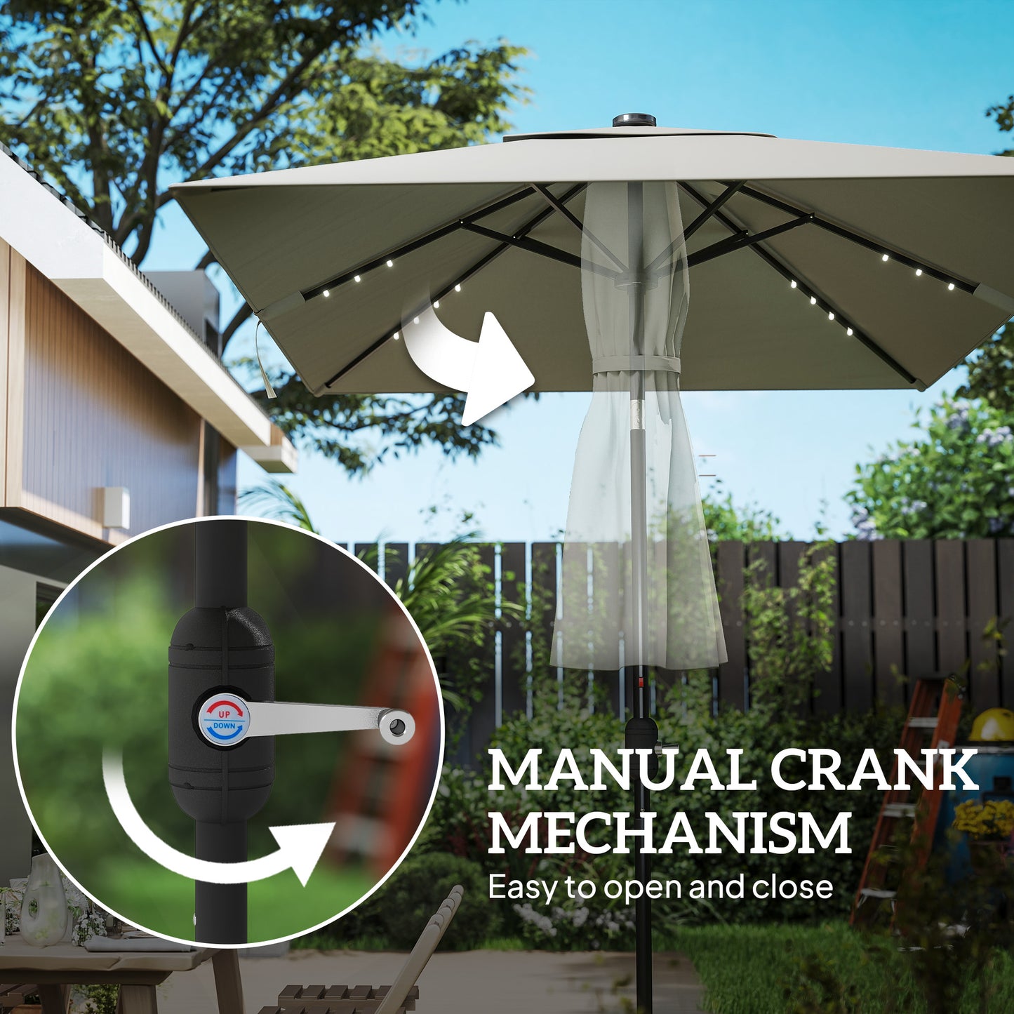 Outsunny 6' x 10' Patio Umbrella with 22 LED Solar Lights and Tilt, Rectangular Outdoor Table Umbrella with Crank, Beige