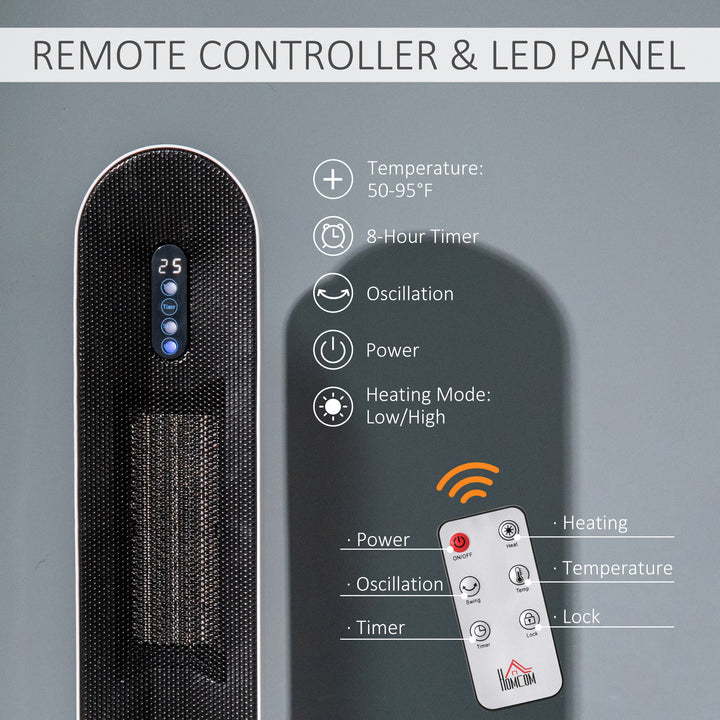 HOMCOM Ceramic Tower Heater, Oscillating Space Heater with Remote Control, Timer, Tip-Over & Overheat Protect, 750W/1500W