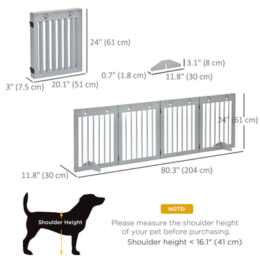 PawHut Freestanding Pet Gate 4 Panel Wooden Dog Barrier Folding Safety Fence with Support Feet for Doorway Stairs Light Grey