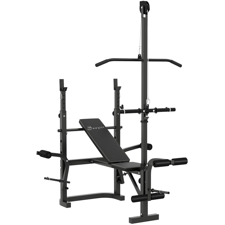 Soozier Adjustable Weight Bench with Bench Press Rack, Preacher Curl Bench, Leg Extension and Lat Pull Down