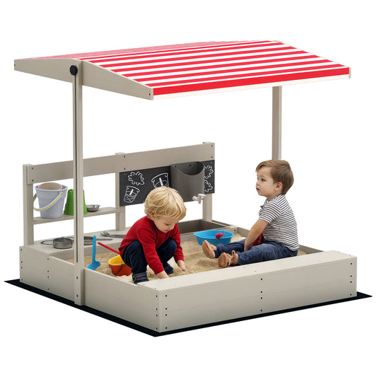 Outsunny Kids Sandbox with Cover Kitchen Playset Toys, Wooden Sand Box with Seat, Storage, for 3-7 Years Old, Grey