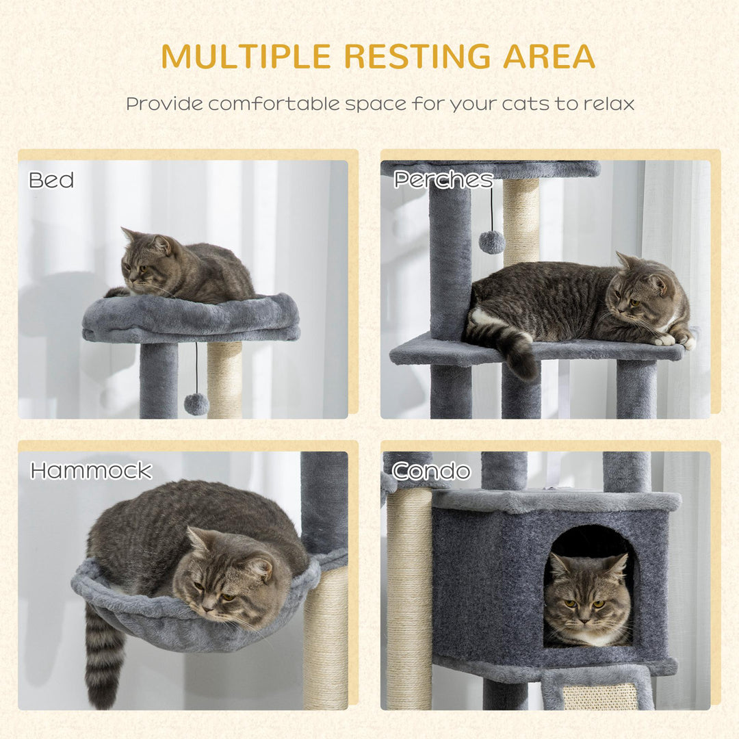 PawHut 50 Inch Cat Tree, Multi-Level Cat Tower with Sisal Scratching Posts and Ramp, Bed, Condo, Hammock, Toy Ball, Grey