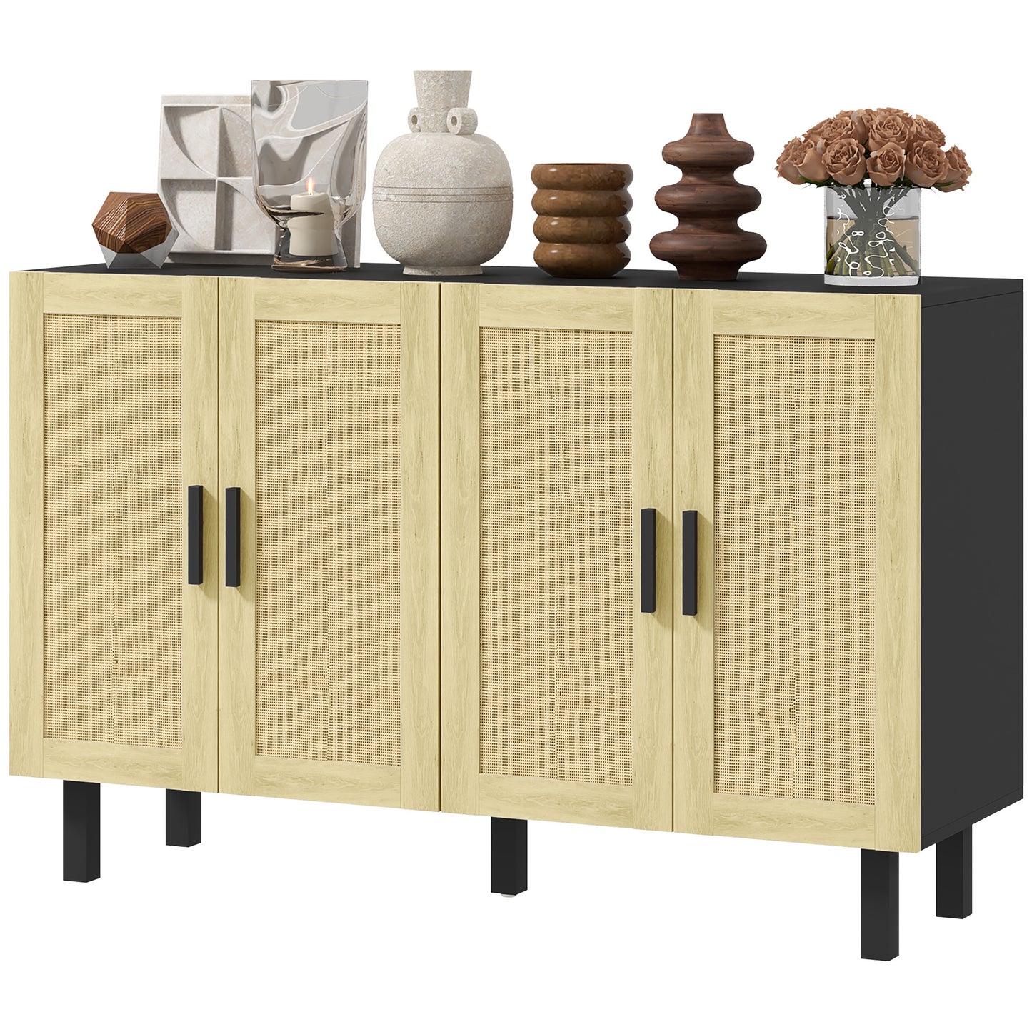 HOMCOM Boho Sideboard Buffet Cabinet, Storage Cabinet with 4 Rattan Doors and Adjustable Shelves, Black