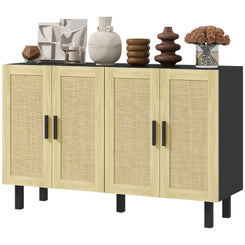 HOMCOM Boho Sideboard Buffet Cabinet, Storage Cabinet with 4 Rattan Doors and Adjustable Shelves, Black