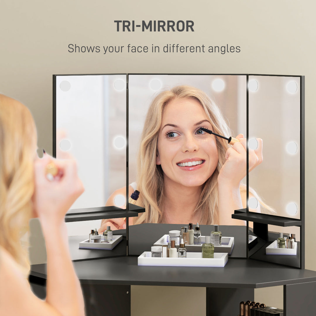 HOMCOM Makeup Vanity Table with 3-Panel Mirror and 10 LED Lights, Dressing Table with 5 Drawers and Shelves for Bedroom, Black