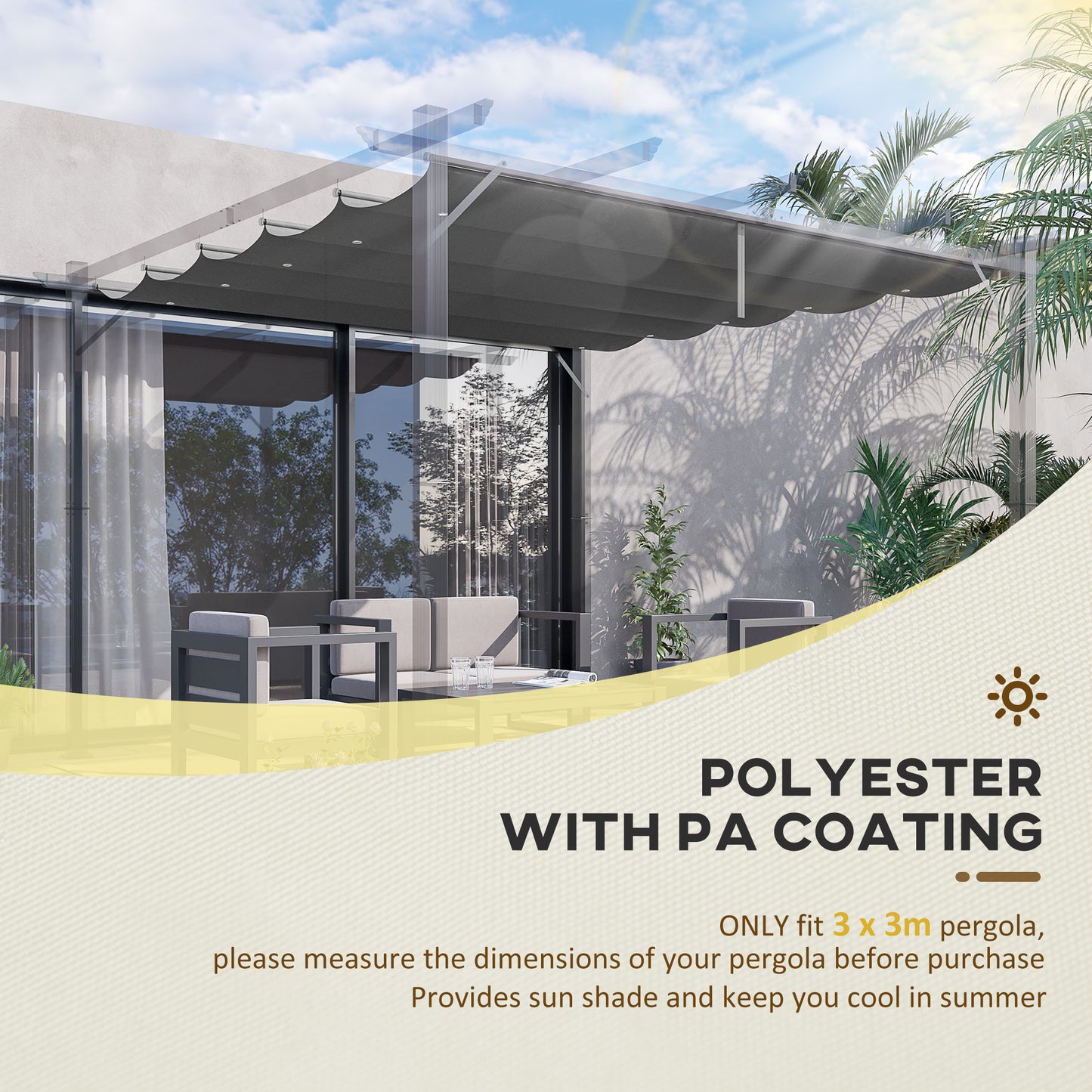 Outsunny Retractable Replacement Pergola Canopy for 10' x 10' Pergola, Pergola Cover Replacement, Cream White