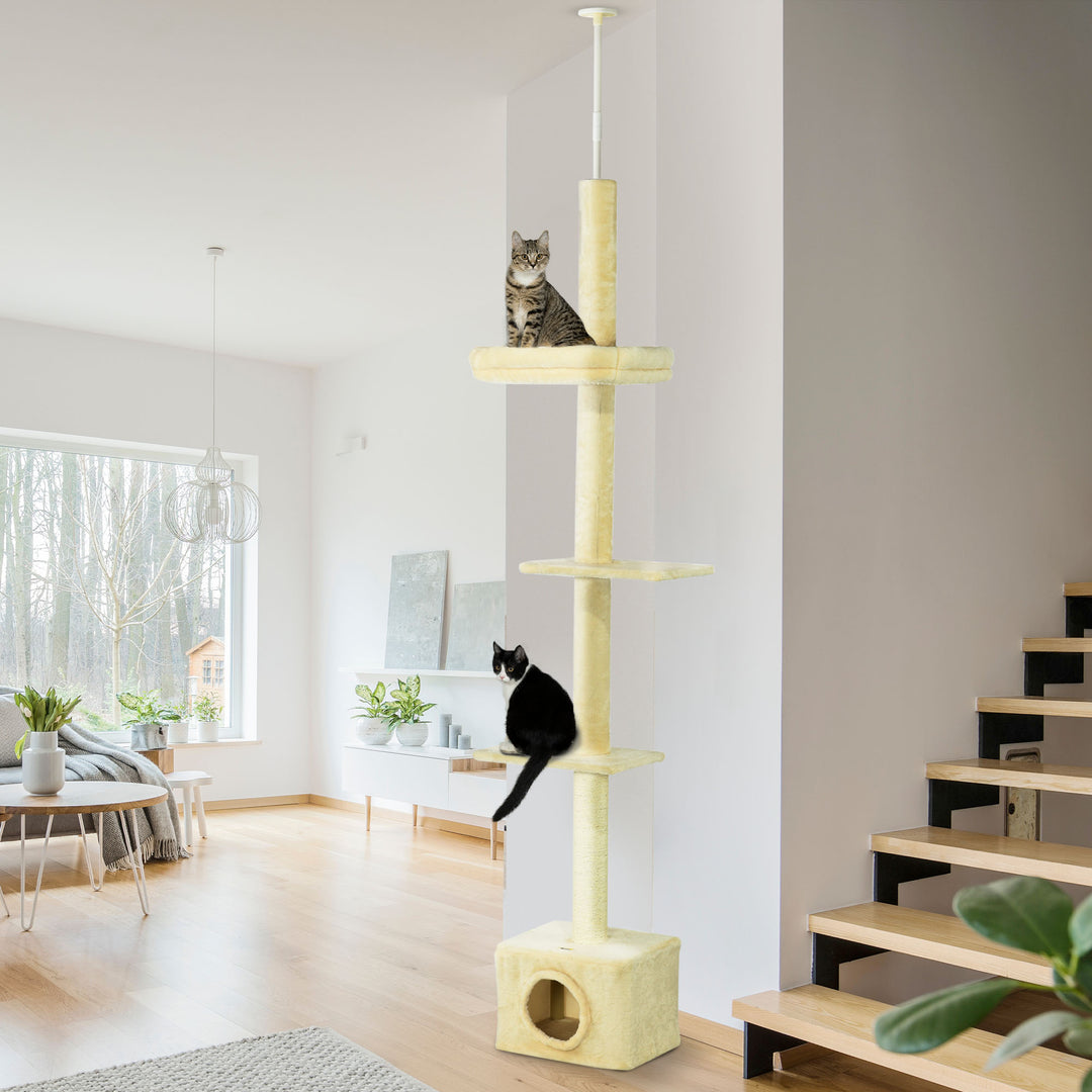 PawHut Floor to Ceiling Cat Tree with Scratching Post for Indoor Cats, Adjustable Height Cat Tower (91-102 Inches) with House, Bed, Beige