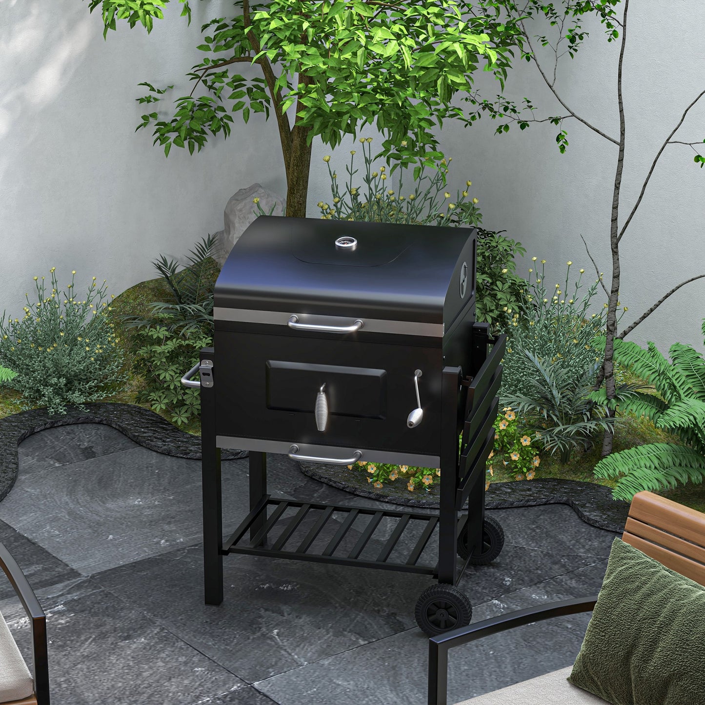 Outsunny BBQ Trolley Charcoal Grill Portable Stainless Steel Barbecue Tool Kits w/ Wheels Side Shelf for Camping Hiking Picnic