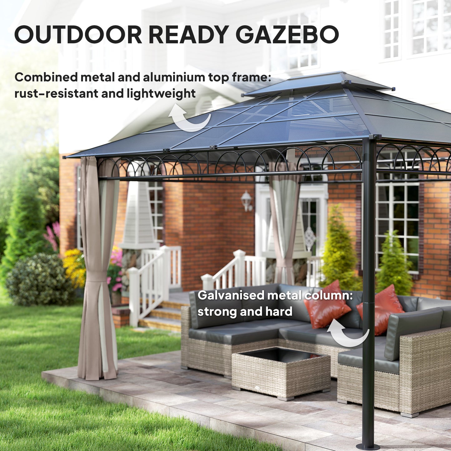 Outsunny 10' x 12' Outdoor Gazebo Canopy, DoubleÂ Roof Hardtop Gazebo withÂ Polycarbonate Roof, Steel Frame, NettingsÂ andÂ Curtains, forÂ Garden,Â Lawn,Â BackyardÂ andÂ Deck, Khaki
