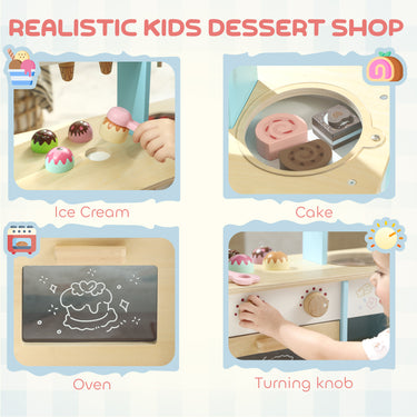 Qaba Wooden Ice Cream Toy Shop Kids, Pretend Play Food Store with Toy Food and Oven for Boys and Girls Aged 3+