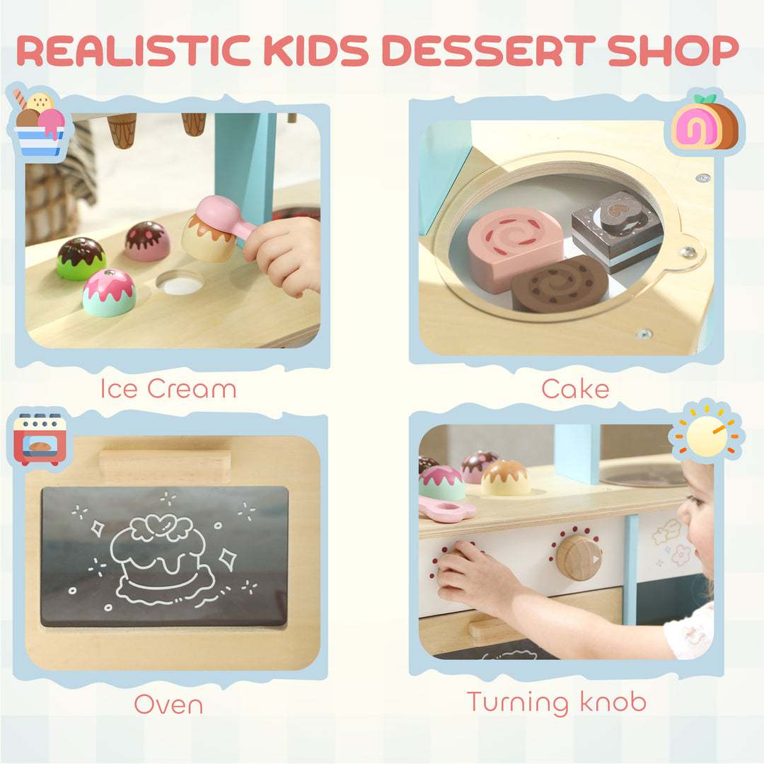 Qaba Wooden Ice Cream Toy Shop Kids, Pretend Play Food Store with Toy Food and Oven for Boys and Girls Aged 3+