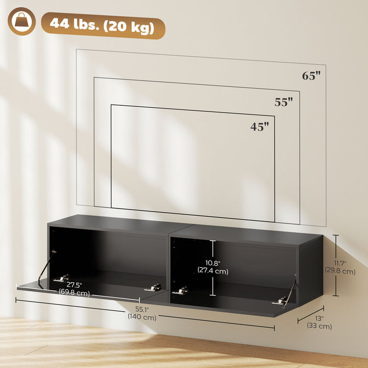 HOMCOM Floating TV Stand with Storage Cupboards for 45, 55, 65in TVs, Wall Mounted TV Console Entertainment Unit, White