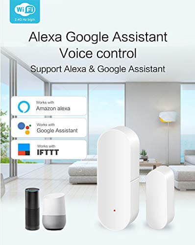 ZigBee Door and Window Contact Sensor, Wireless Smart Home Security Device, White, Battery-Powered in modern home setting.