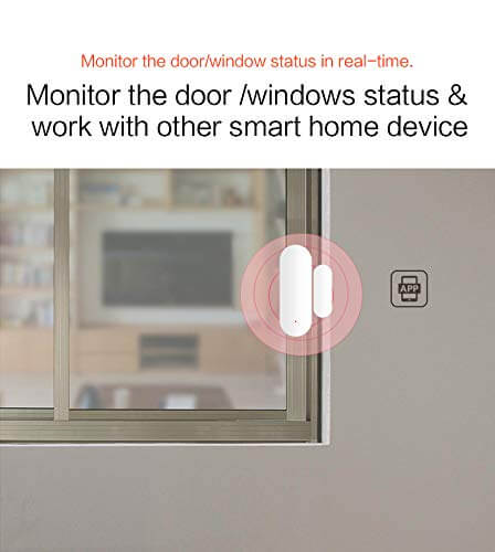 ZigBee Door and Window Contact Sensor, Wireless Smart Home Security Device, White, Battery-Powered installed on window.