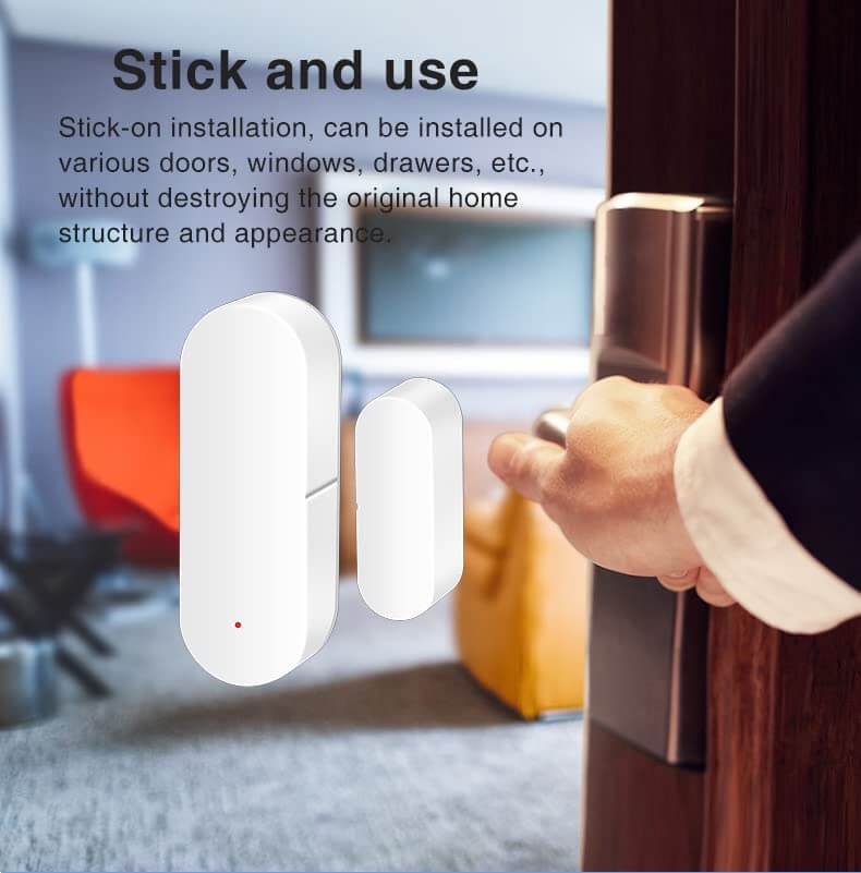 ZigBee Door and Window Contact Sensor, Wireless Smart Home Security Device, White, Battery-Powered installed on door.