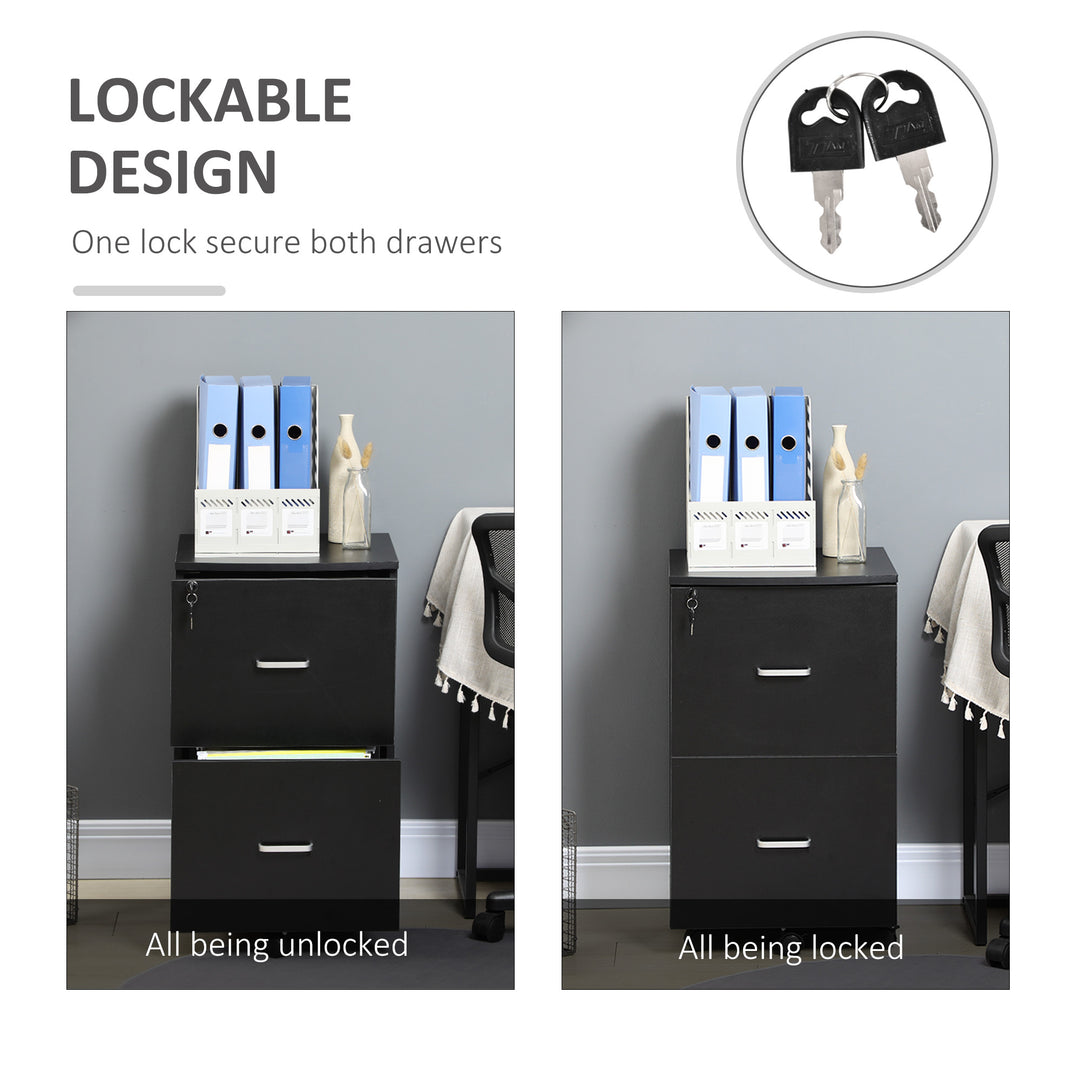 Vinsetto 2 Drawer Mobile File Cabinet with Lock, Wood Office Filing Cabinet with Locking Wheels for Letter and A4 Size, Black