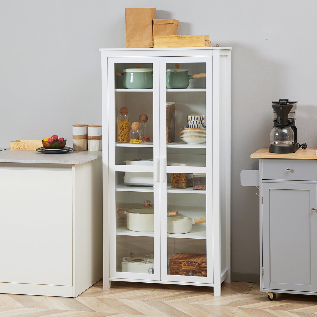 HOMCOM Freestanding Kitchen Pantry, Buffet Cabinet, 5-tier Storage Cabinet with Adjustable Shelves and 2 Glass Doors, White