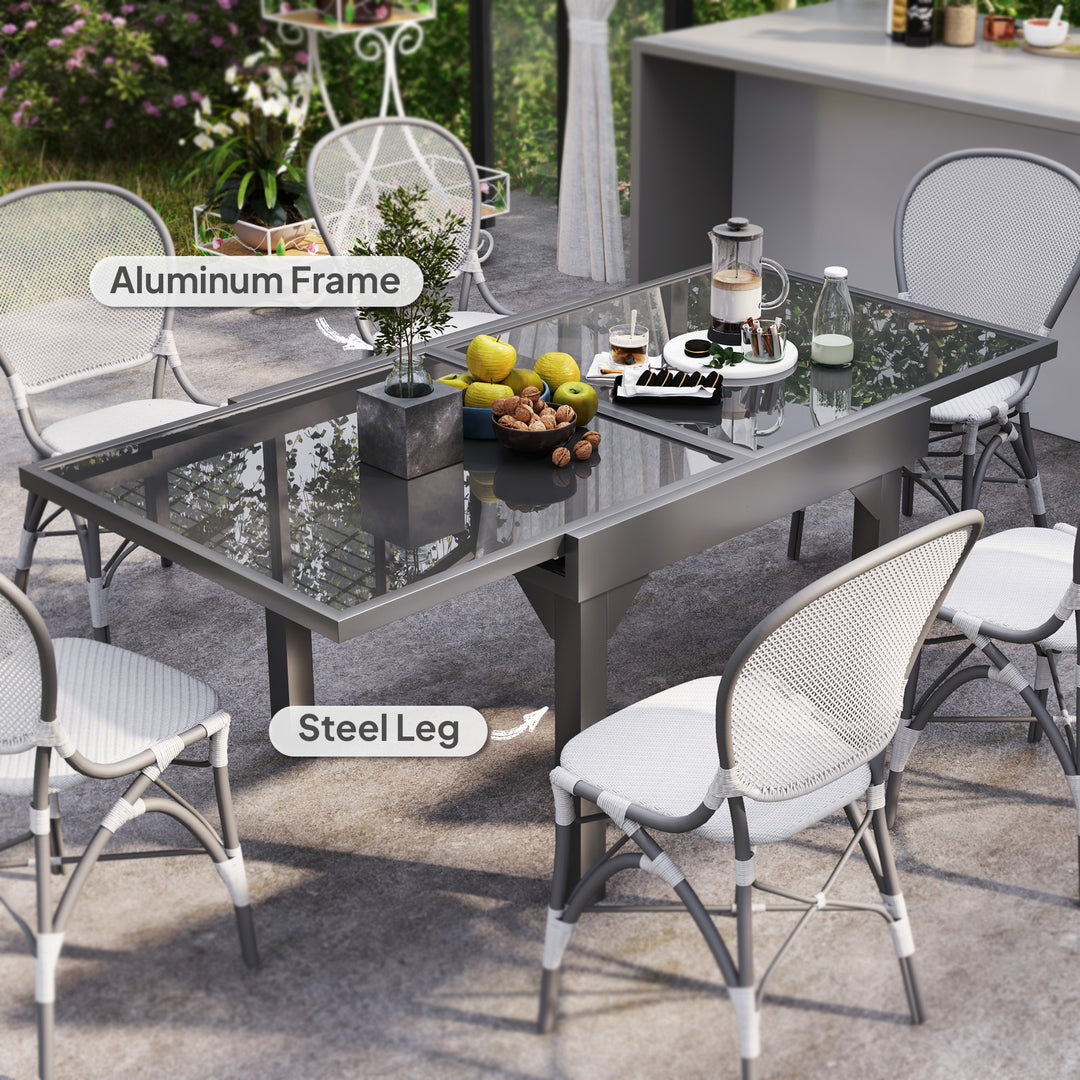 Outsunny 35"-71" Expandable Outdoor Table with Tempered Glass Top, Metal Frame, for 4-6 Person, for Lawn, Garden, Backyard