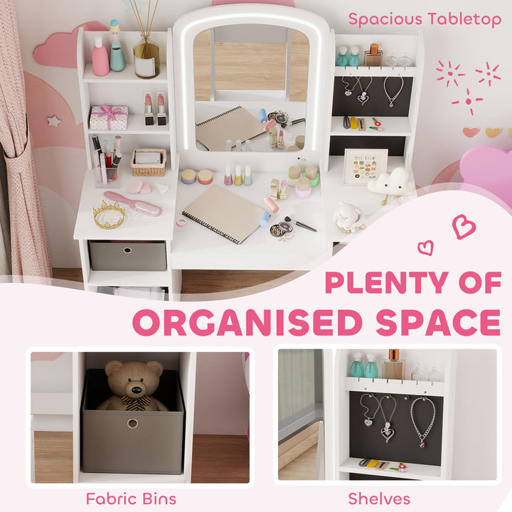 Qaba Kids Vanity Table and Chair, Toddler Dressing Table and Chair Set with Lighted Mirror for Little Girls, White