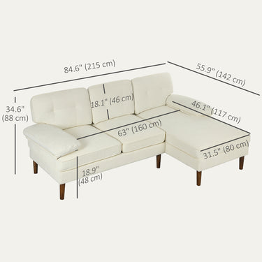 HOMCOM Modern Corner Couch with Right Chaise Lounge, Tufted 3-Seater Sofa with Wooden Legs for Living Room, Cream White