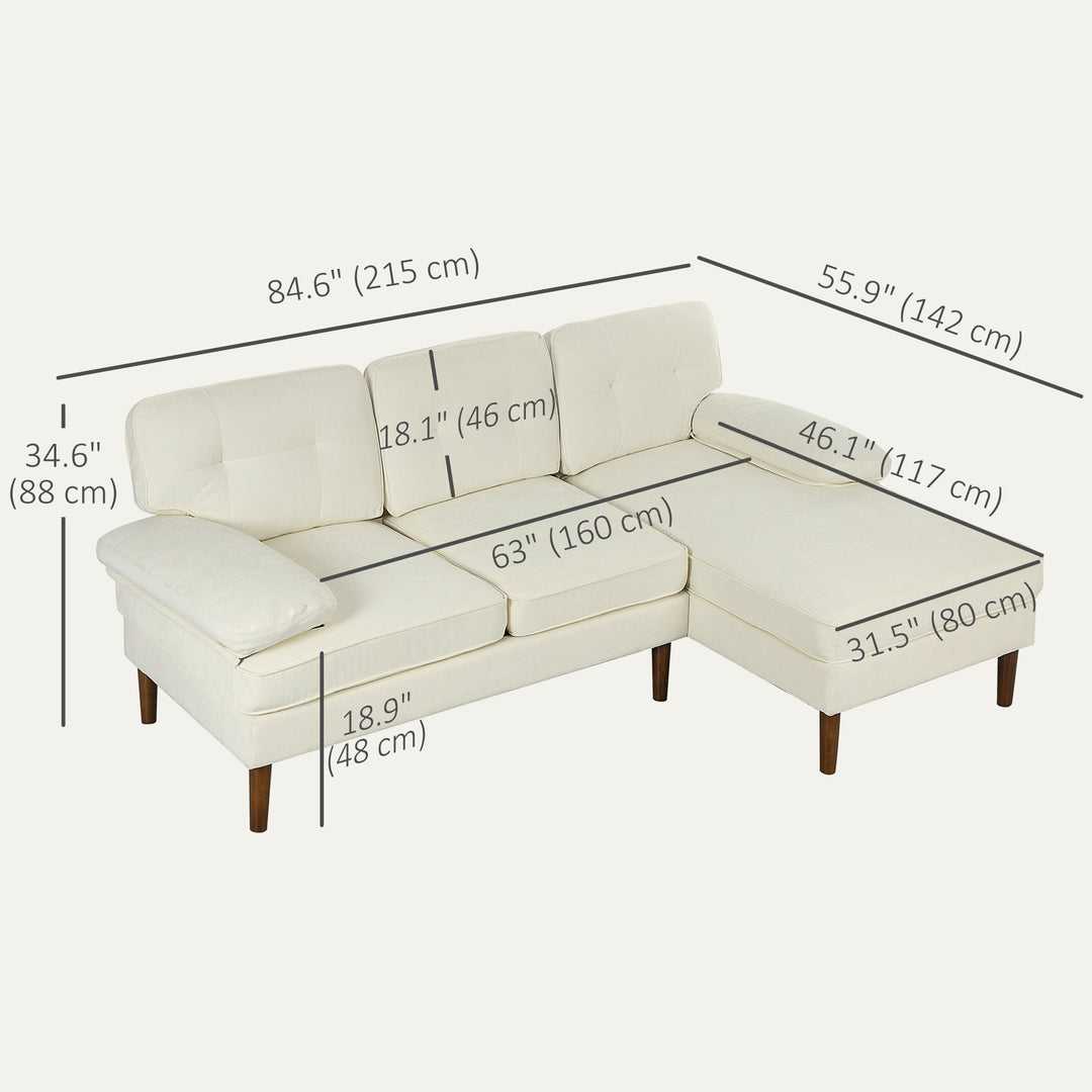 HOMCOM Modern Corner Couch with Right Chaise Lounge, Tufted 3-Seater Sofa with Wooden Legs for Living Room, Cream White