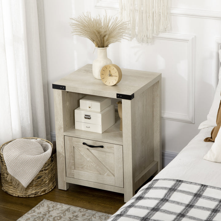 HOMCOM Side Table with Storage, Farmhouse End Table with Drawer, Open Shelf and Barn-style Panel, Nightstand for Living Room, Bedroom, Oak