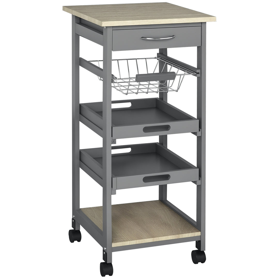 HOMCOM Rolling Kitchen Island Cart, Mobile Utility Storage Cart with Drawer, Wire Storage Basket, Removable Tray, Grey