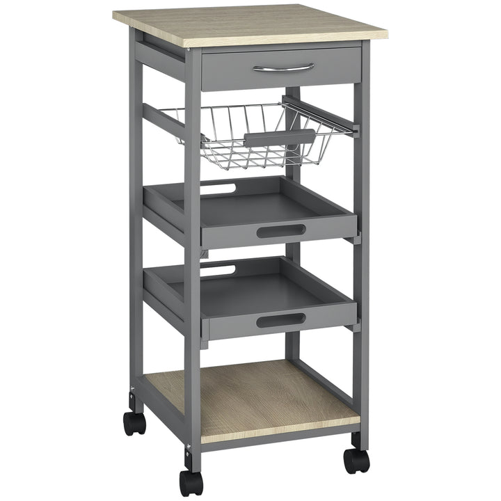 HOMCOM Rolling Kitchen Island Cart, Mobile Utility Storage Cart with Drawer, Wire Storage Basket, Removable Tray, Grey
