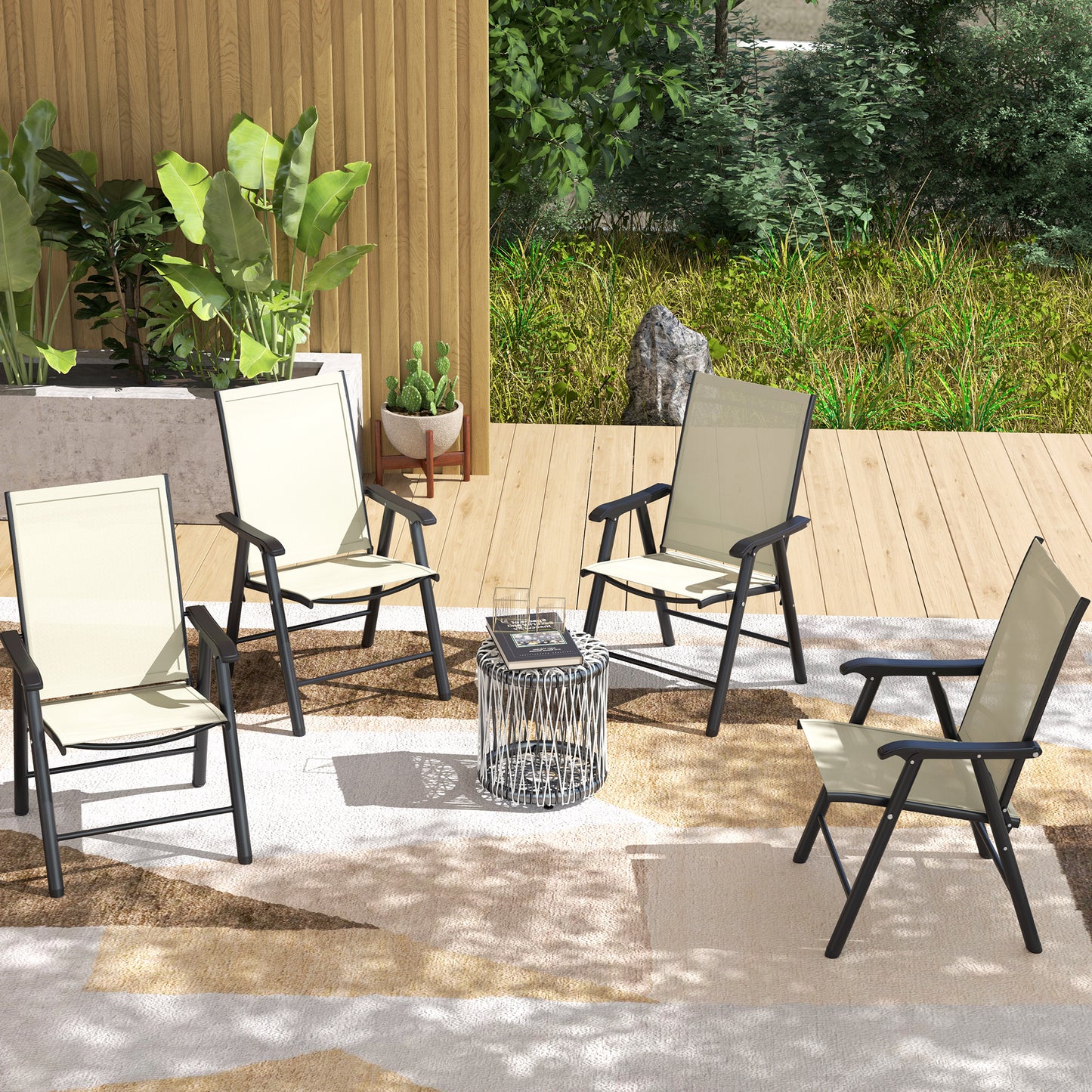 Outsunny 4-Piece Folding Chair Set for Relaxing on Patio Balcony Garden, Comfortable Outdoor Furniture with Armrests, Brown
