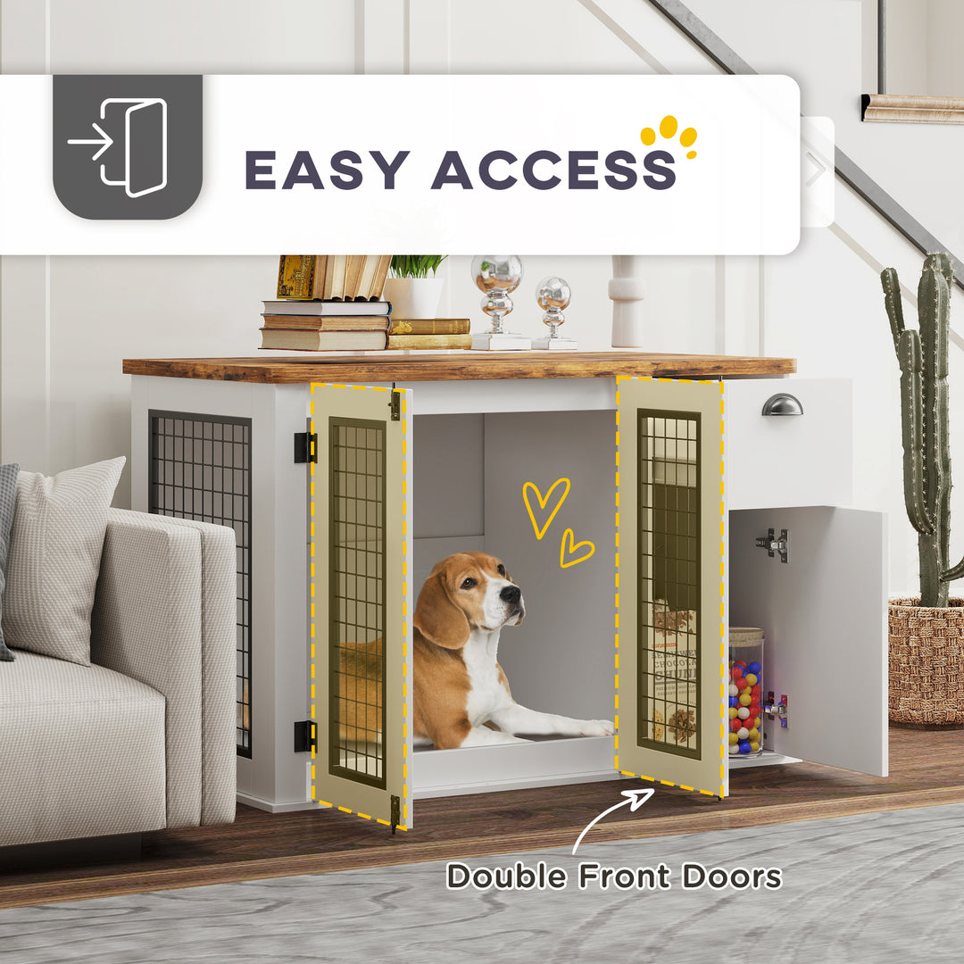 PawHut 44" Dog Crate Furniture with Double Doors, Storage Drawer, for Medium Dogs, White