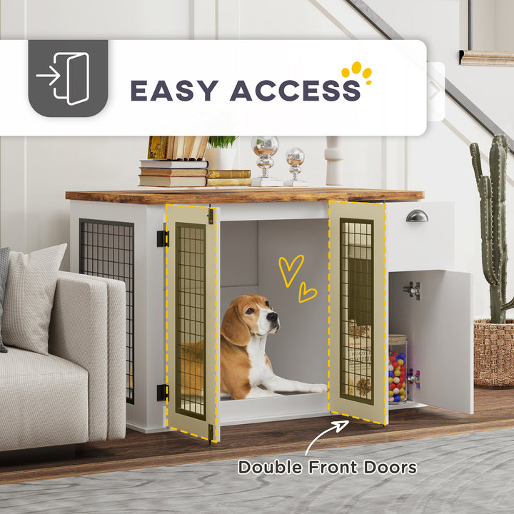 PawHut 44" Dog Crate Furniture with Double Doors, Storage Drawer, for Medium Dogs, White