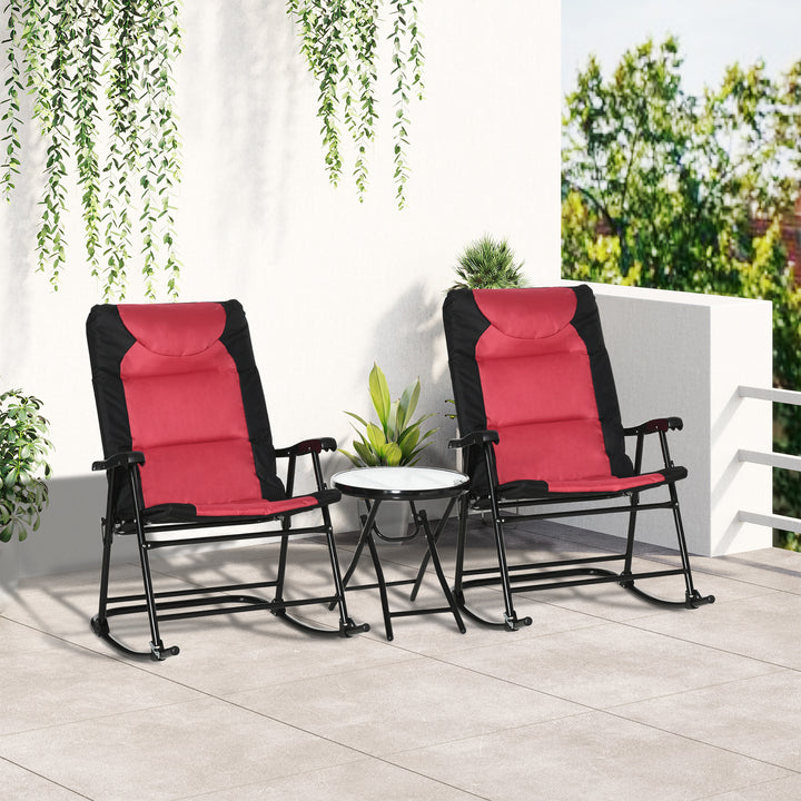 Outsunny 3pc Patio Foldable Rocking Chair Set, Outdoor Rocking Chairs and Table Bistro Set w/ Padded Seat, Headrest, Backrest for park, backyard, garden, Red
