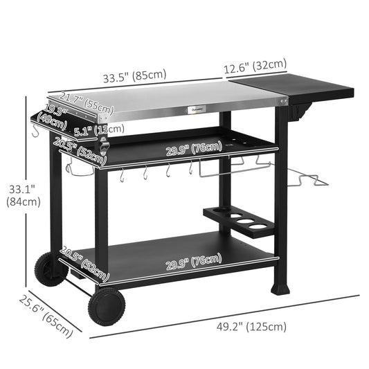 Outsunny 3-Shelf Outdoor Grill Cart Table with Foldable Side Table and Stainless Steel Table Top, Pizza Oven Stand on Wheels