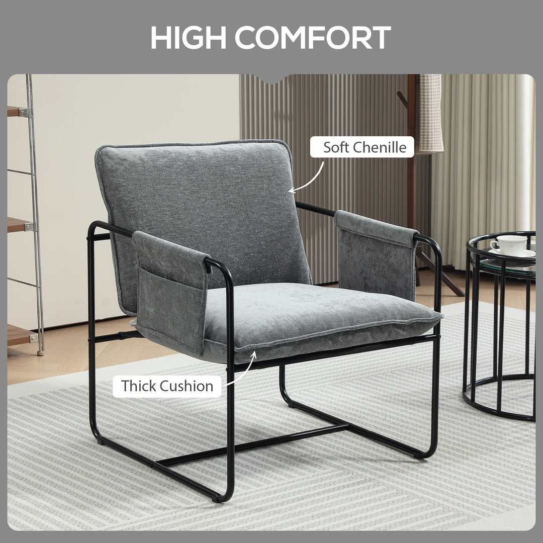 HOMCOM Modern Accent Chair, Upholstered Armchair with Side Pockets and Steel Frame, Comfy Reading Chair for Bedroom, Grey