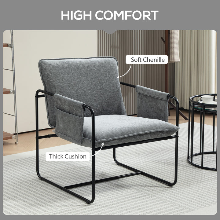 HOMCOM Modern Accent Chair, Upholstered Armchair with Side Pockets and Steel Frame, Comfy Reading Chair for Bedroom, Grey
