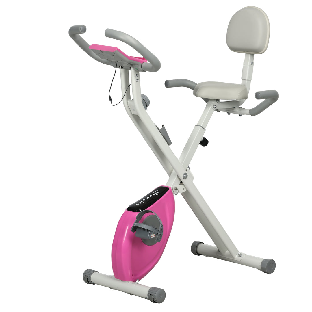 Soozier Foldable Magnetic Exercise Bike Indoor Stationary Upright Fitness Cycling Bike, 8 Level Quiet Magnetic Resistance, Pink
