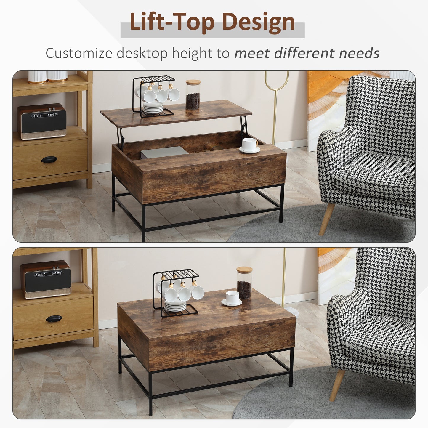 HOMCOM Lift Top Coffee Table with Hidden Storage Compartment Lift Tabletop Center Table for Living Room, Grey