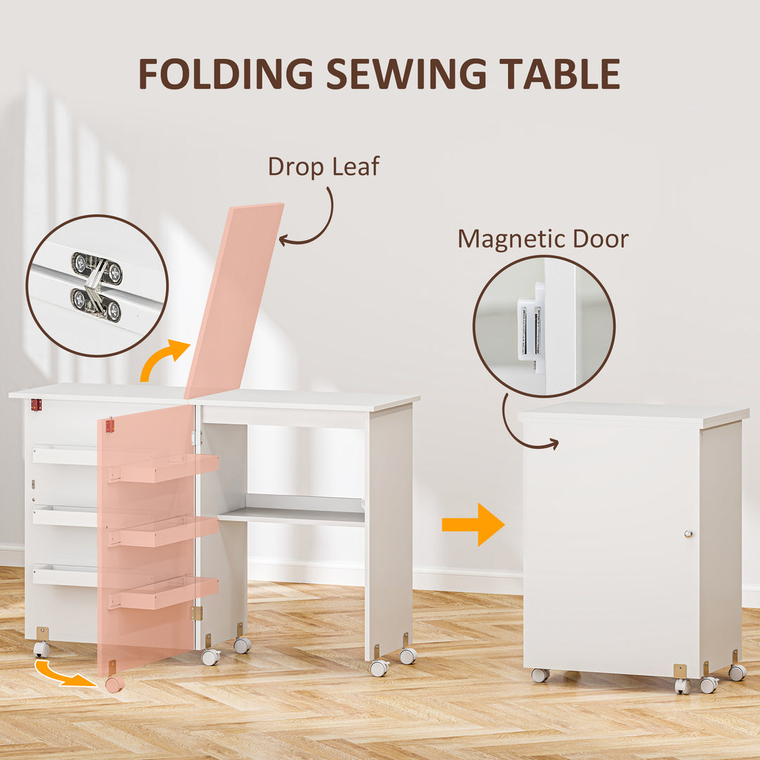 HOMCOM Sewing Machine Cabinet, Folding Sewing Table with Storage Shelf, Bins and Lockable Wheels for Small Space, White