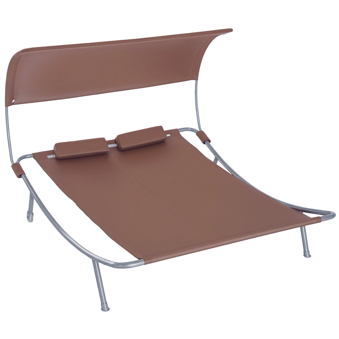 Outsunny 79" Outdoor Lounge Chair with Canopy, Double Chaise Lounger Hammock Bed w/ Pillow and Wheels, Brown