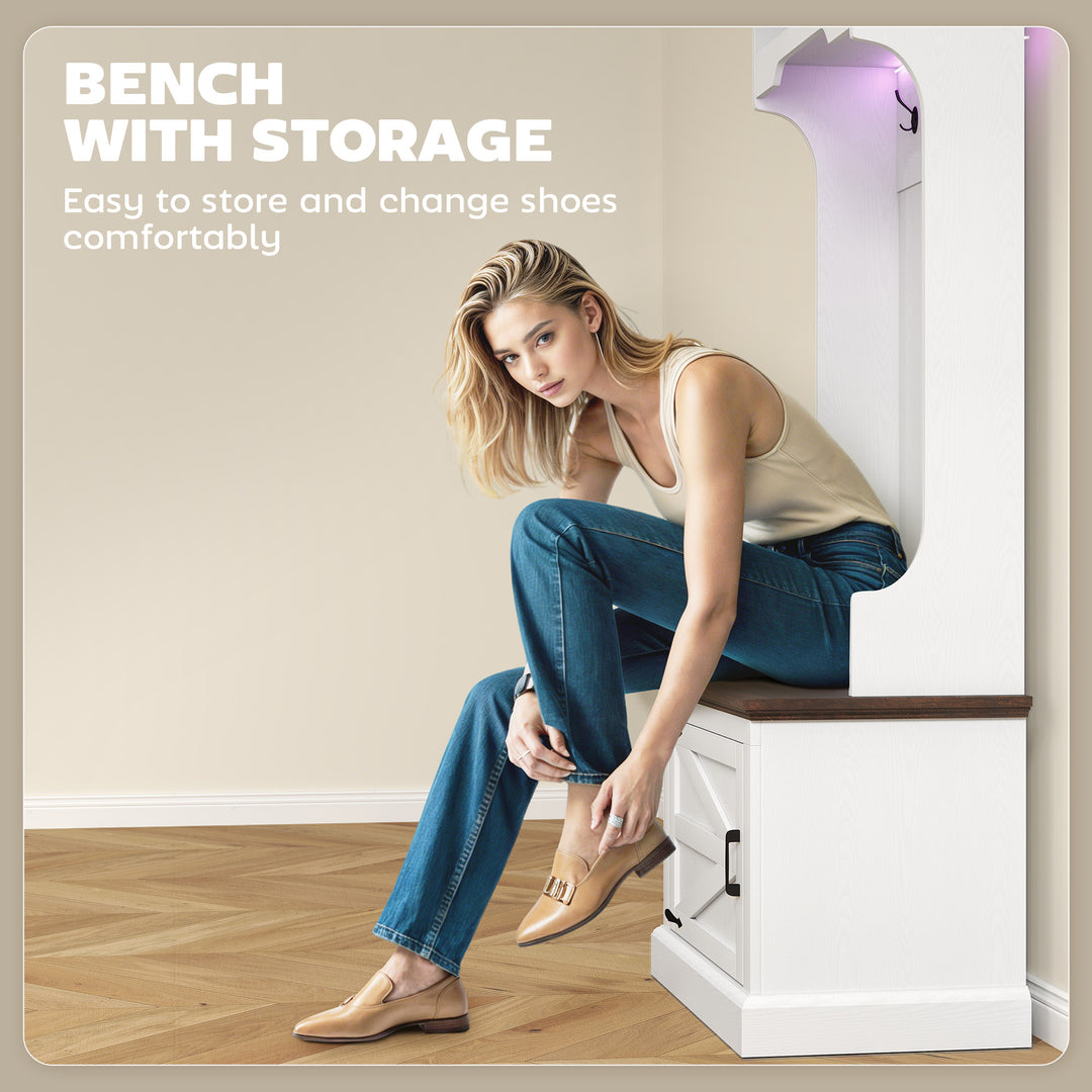 HOMCOM 3-in-1 Hall Tree with LED Lights and Bench, Coat Rack with Shoe Storage, White Wood Grain with Light