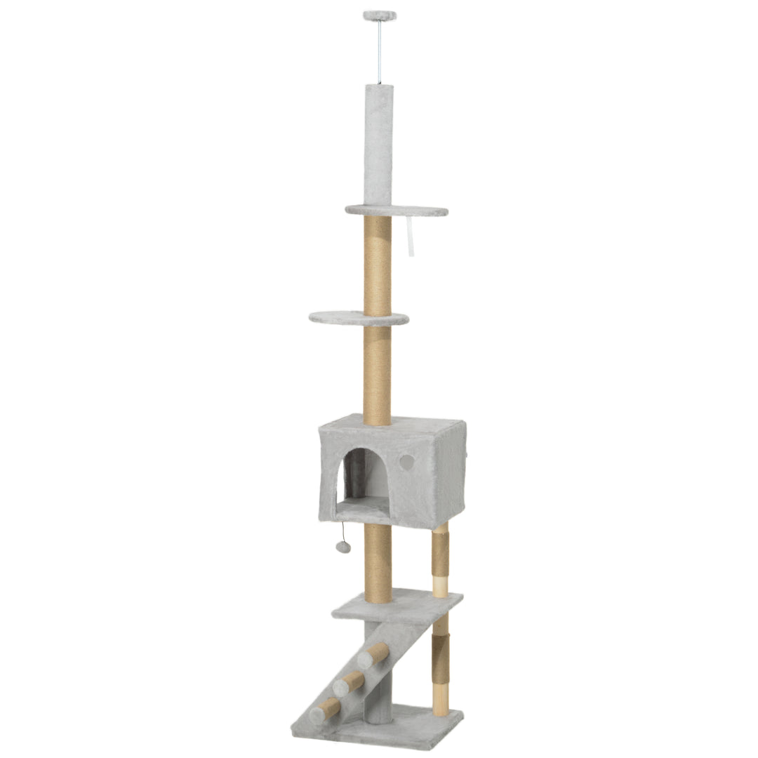 PawHut 89"-100" Floor to Ceiling Cat Tree with Scratching Post, Cat House, 3-Steps, Hanging Ball, Perches, Anti-tip Kit, Brown