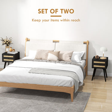 HOMCOM Boho Night Stands Set of 2, Bedside Tables with 2 Rattan Drawers, Square End Tables for Bedroom, Living Room